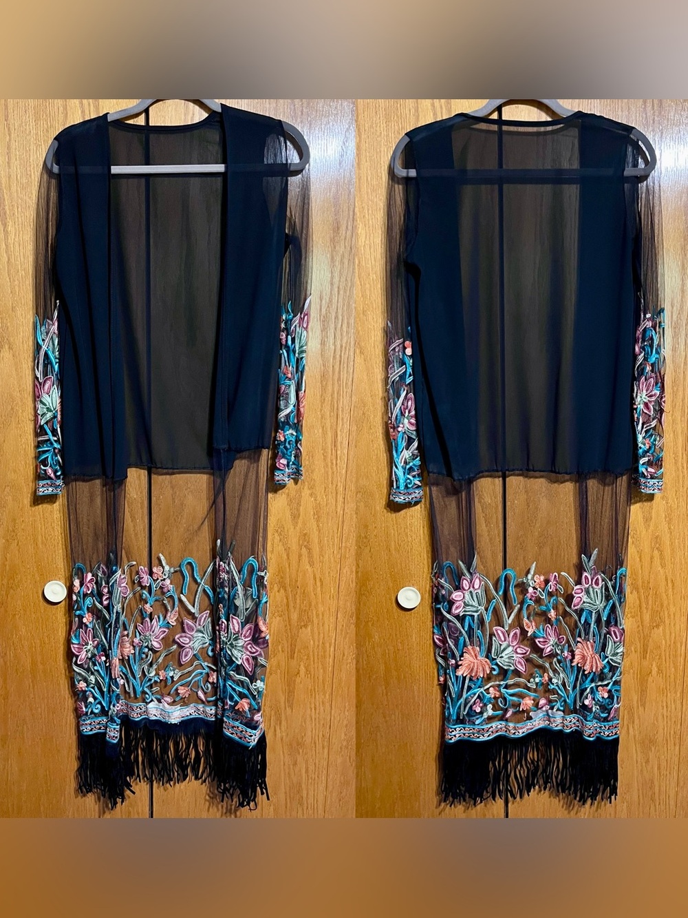 Black Sheer Floral Embroidered Fringe Duster